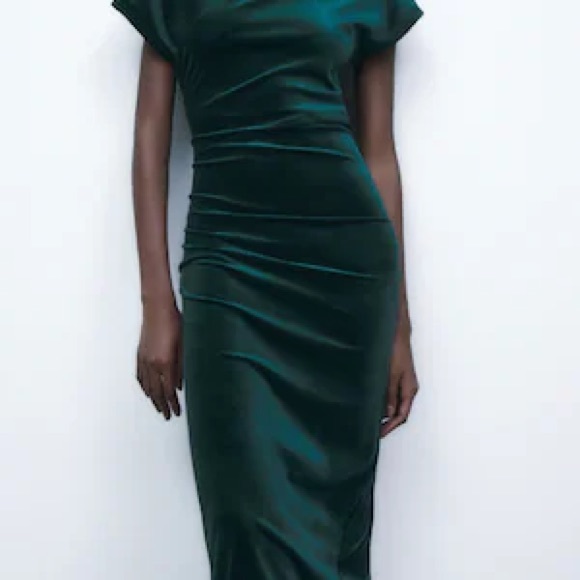 ZARA ~ Green Draped Velvet Dress - Picture 6 of 12